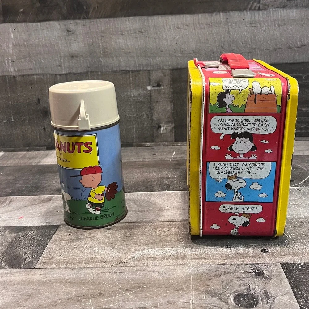 Vintage Peanuts Thermos Metal Lunch Box & Thermos Set Charlie Brown Snoopy 1970s